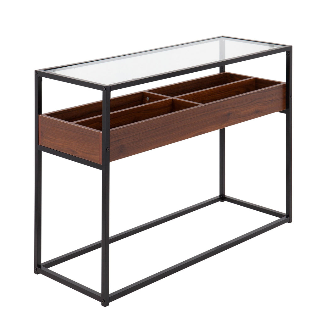 Display Console Table - Black Steel, Walnut Wood, Clear Glass
