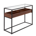 Display Console Table - Black Steel, Walnut Wood, Clear Glass