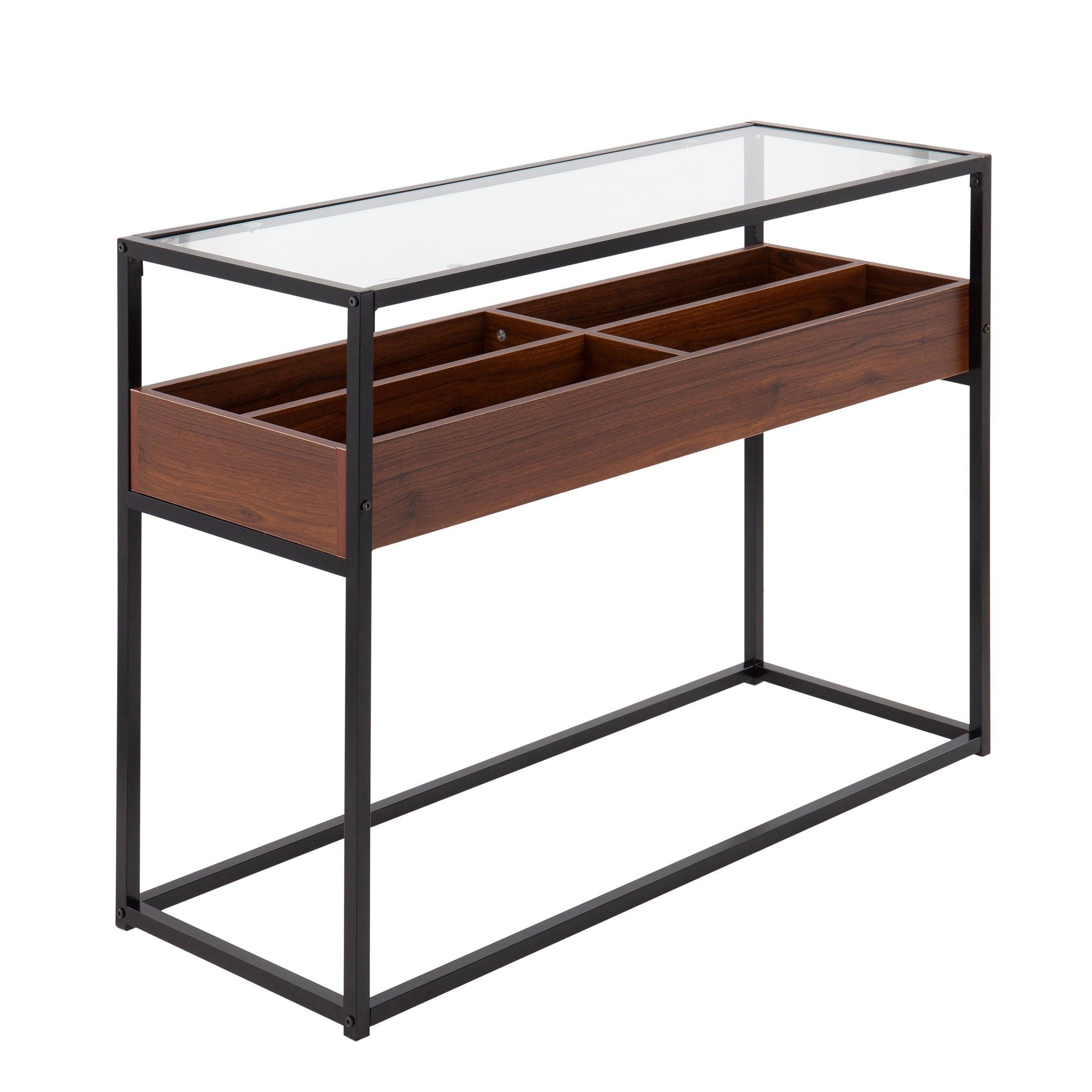 Display Console Table - Black Steel, Walnut Wood, Clear Glass
