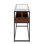 Display Console Table - Black Steel, Walnut Wood, Clear Glass