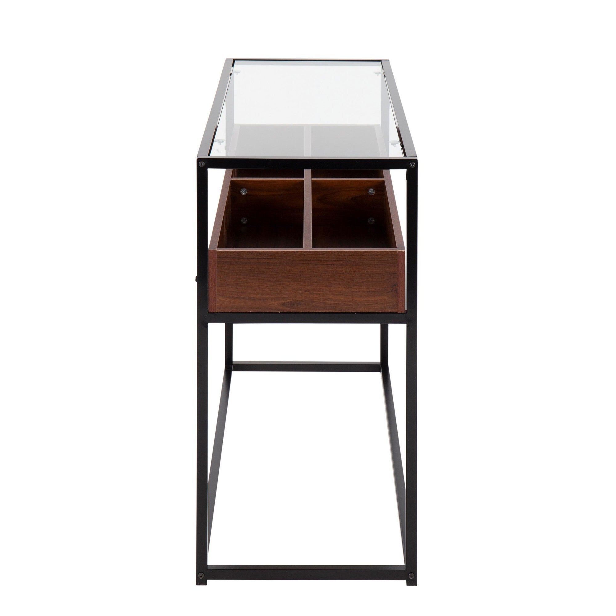 Display Console Table - Black Steel, Walnut Wood, Clear Glass