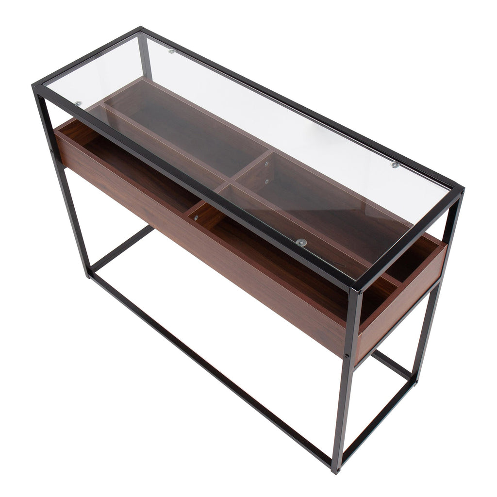 Display Console Table - Black Steel, Walnut Wood, Clear Glass