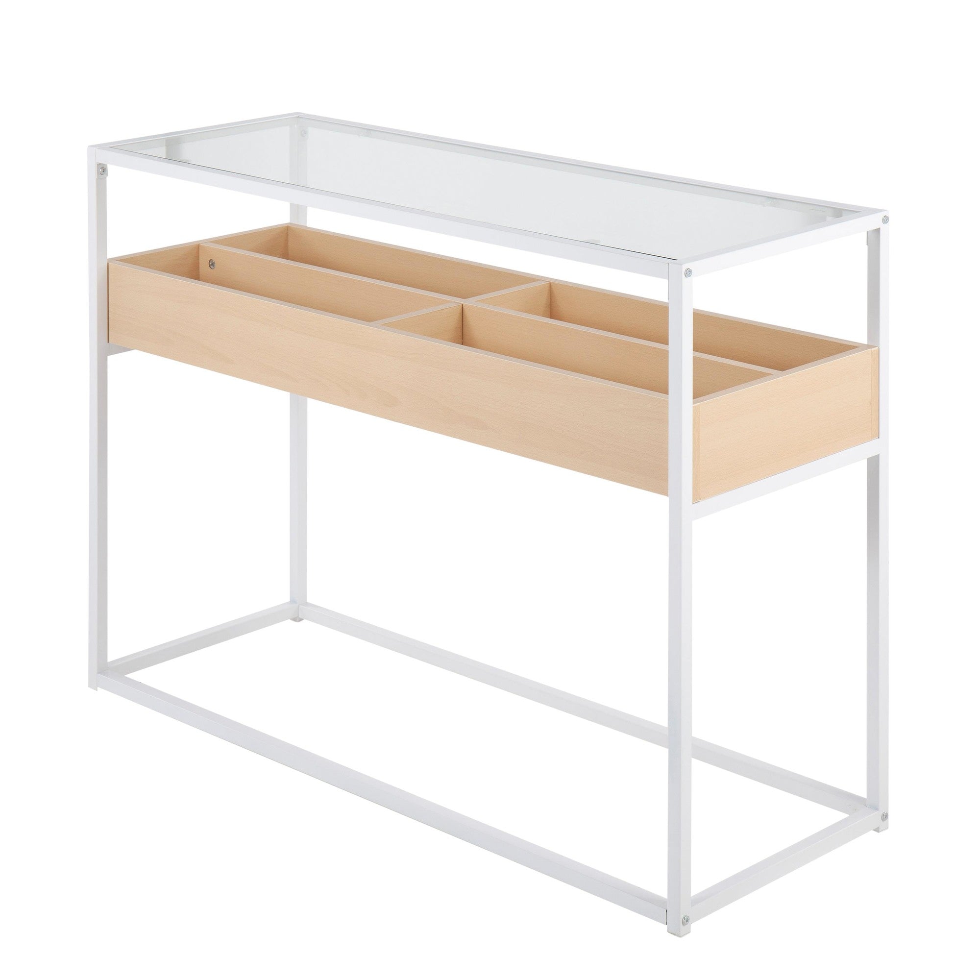 Display Console Table - White Steel, Natural Wood, Clear Glass