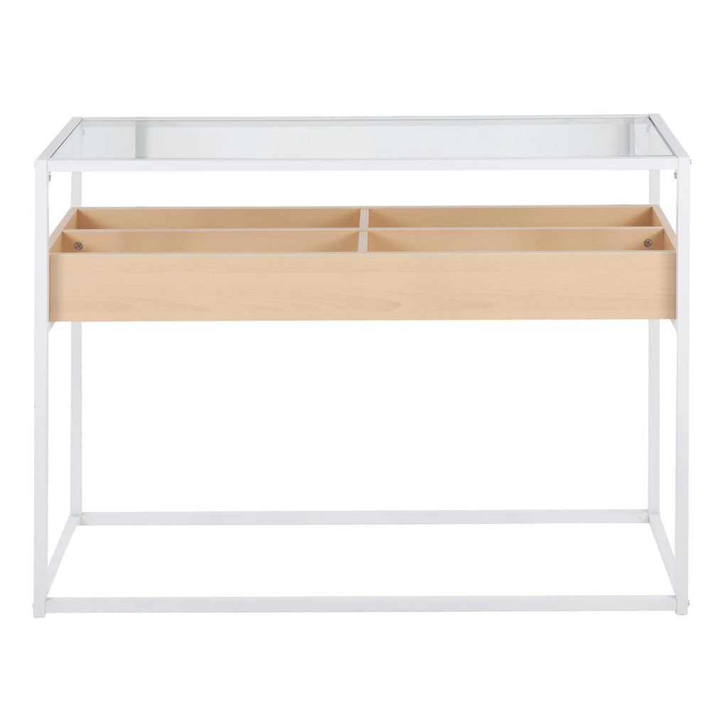 Display Console Table - White Steel, Natural Wood, Clear Glass