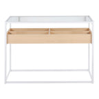 Display Console Table - White Steel, Natural Wood, Clear Glass