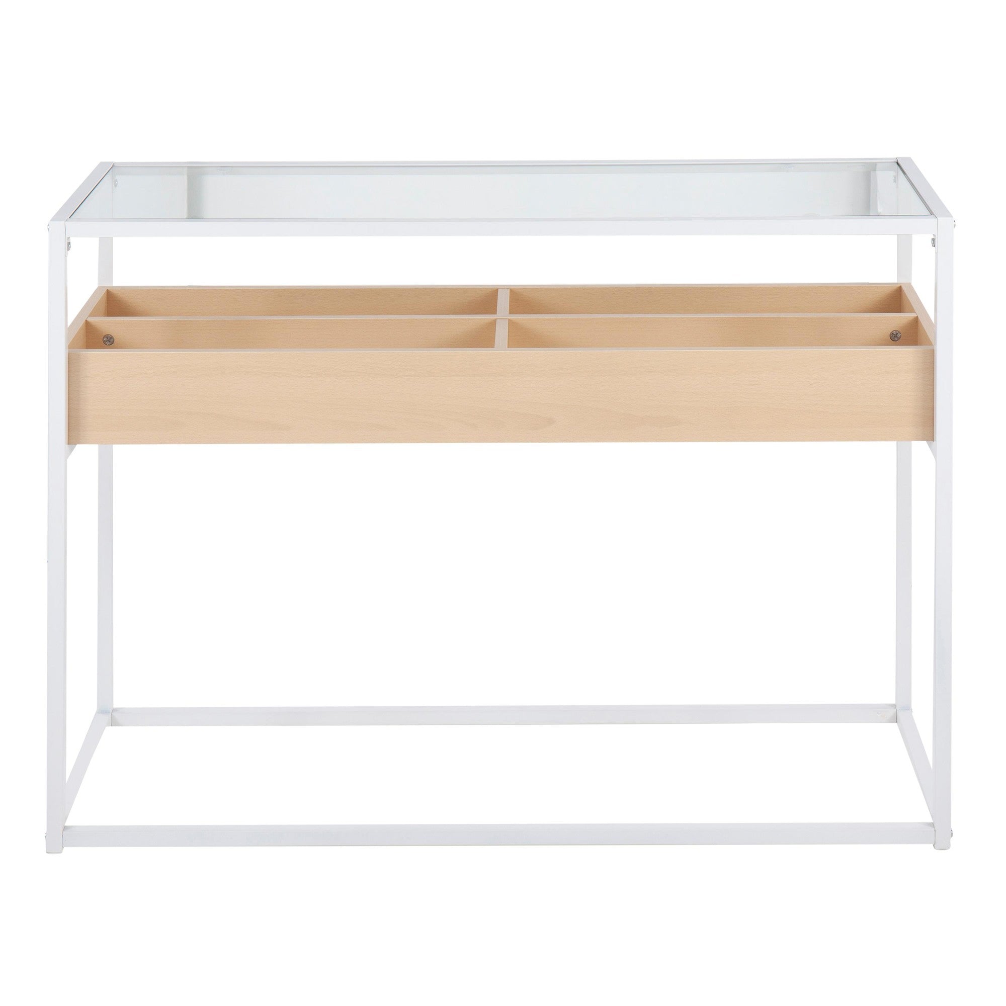 Display Console Table - White Steel, Natural Wood, Clear Glass