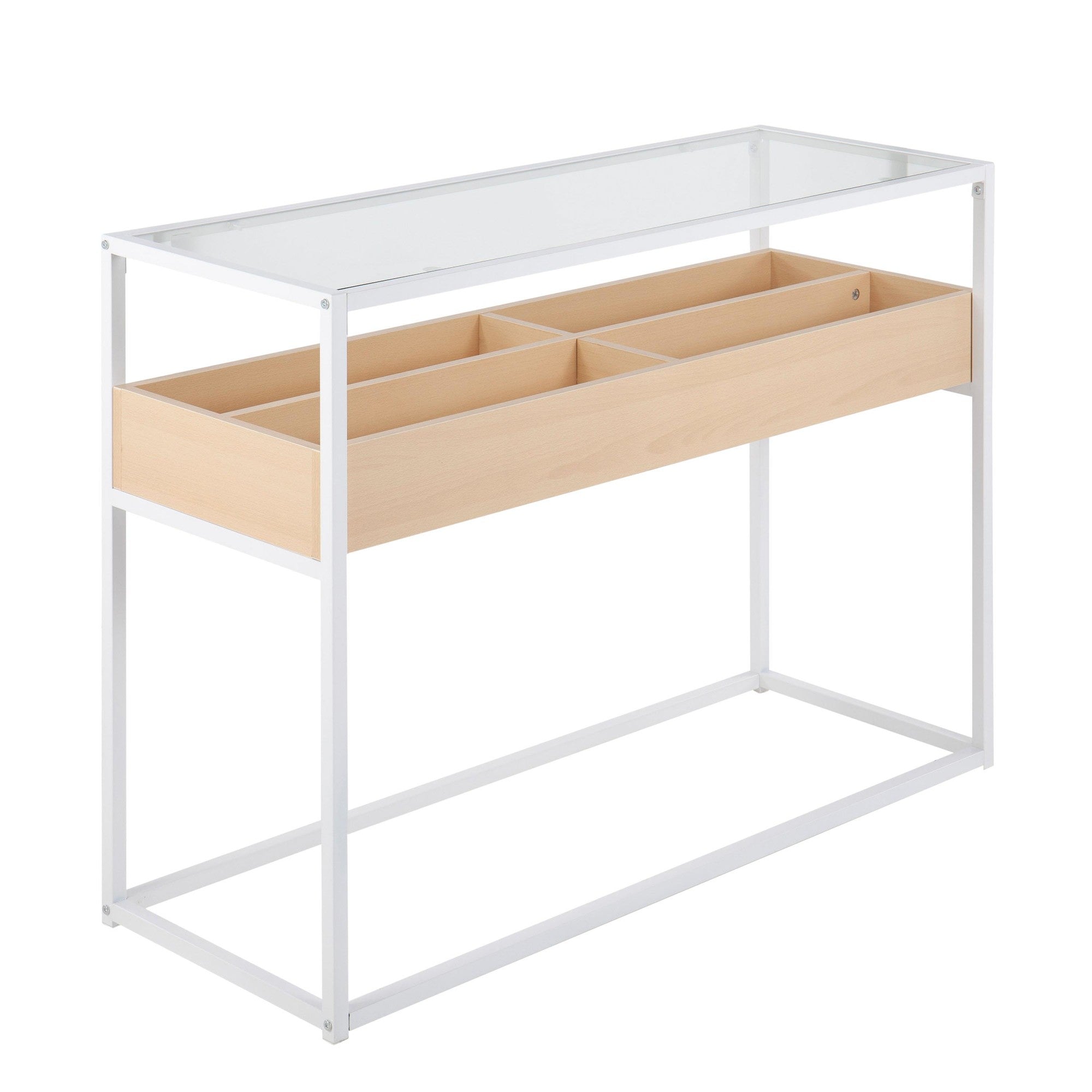 Display Console Table - White Steel, Natural Wood, Clear Glass