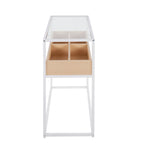 Display Console Table - White Steel, Natural Wood, Clear Glass