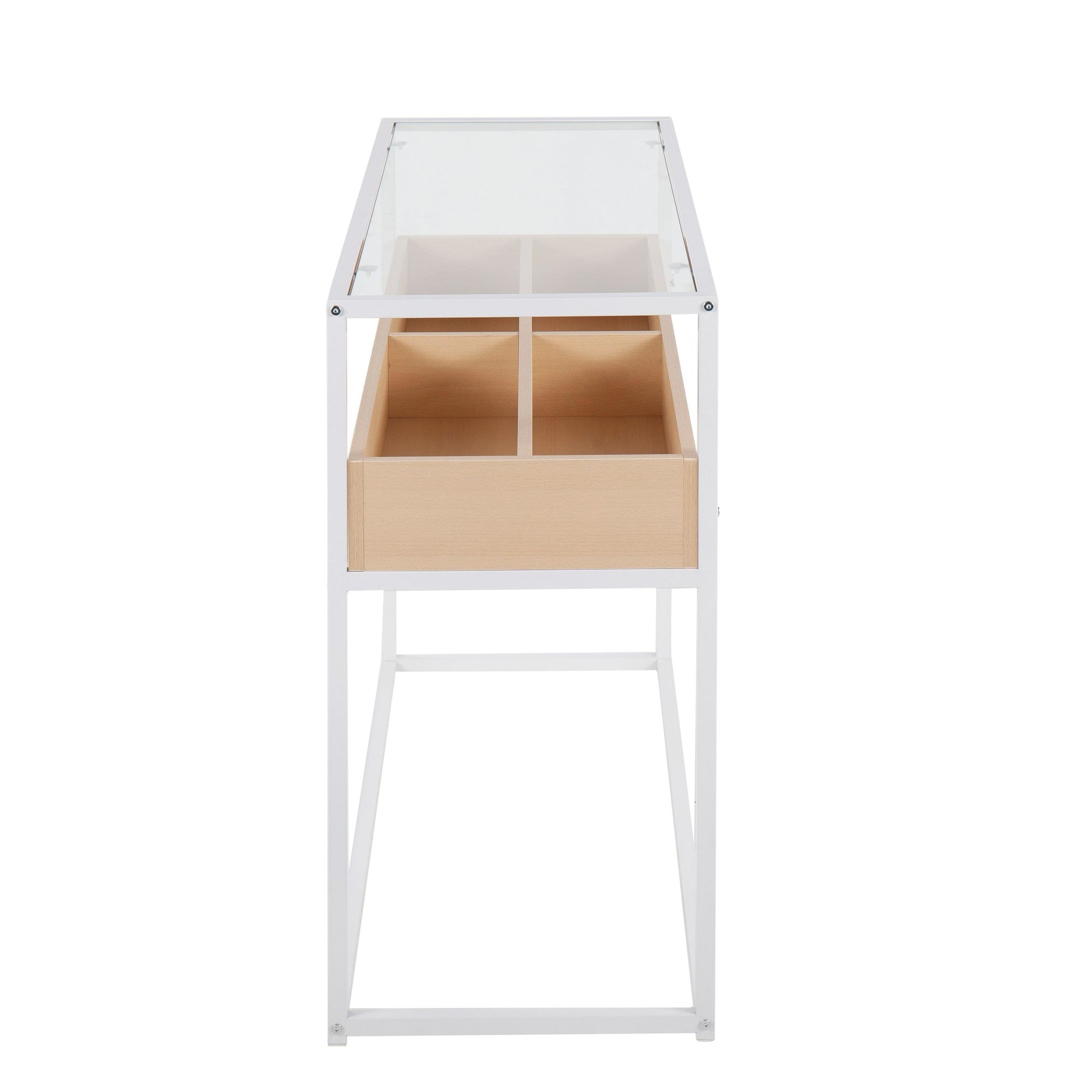 Display Console Table - White Steel, Natural Wood, Clear Glass