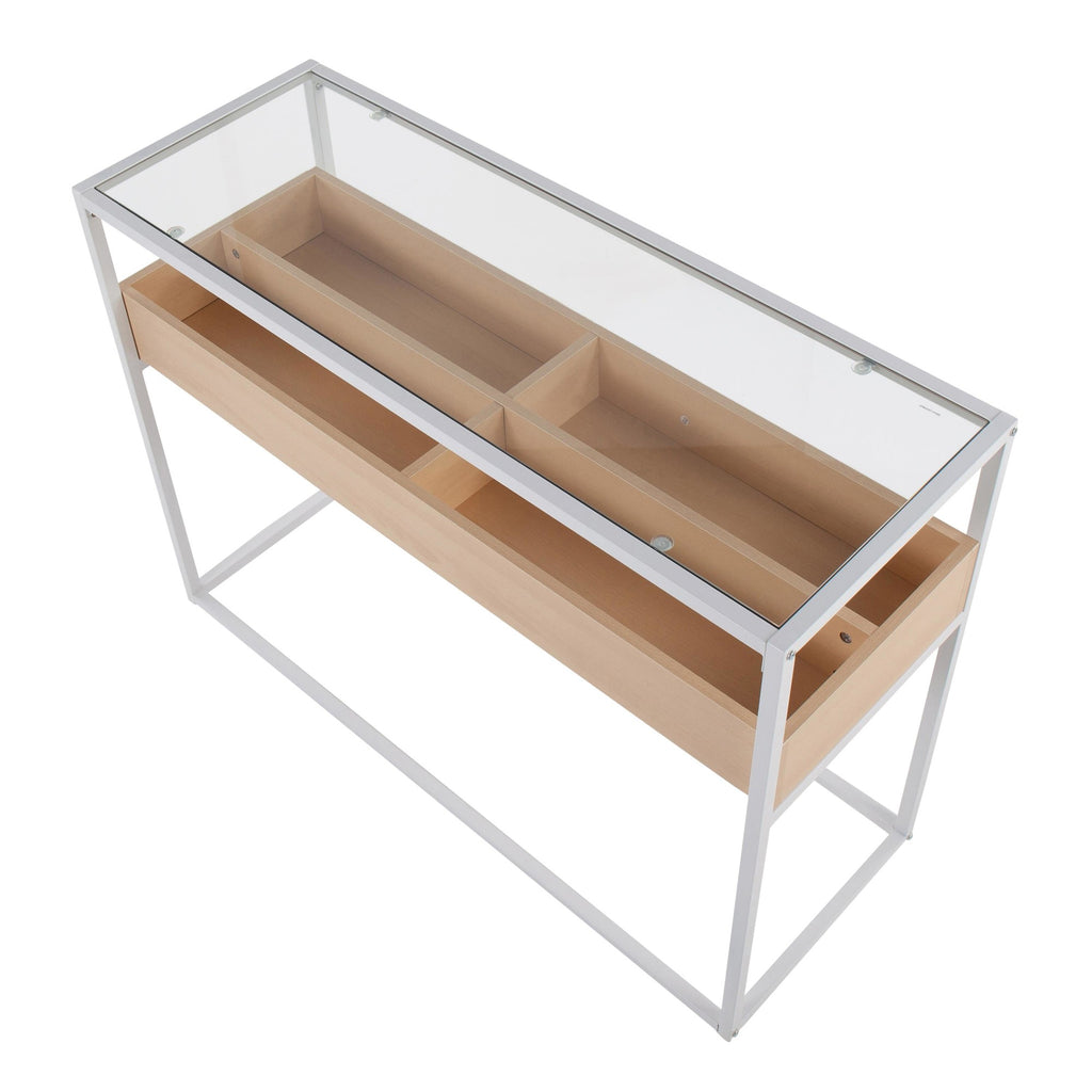 Display Console Table - White Steel, Natural Wood, Clear Glass