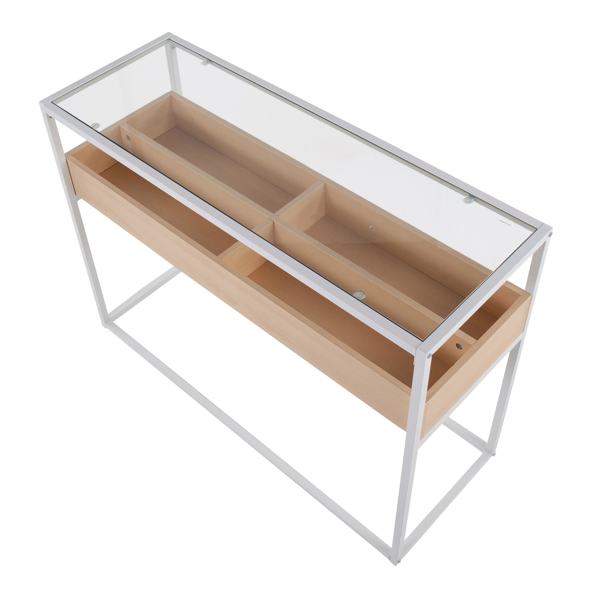 Display Console Table - White Steel, Natural Wood, Clear Glass