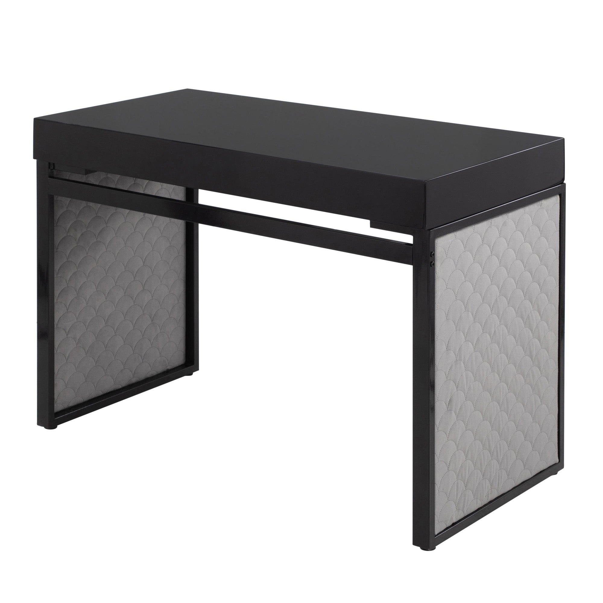 Drift Upholstered Desk - Black Steel, Black MDF, Silver Velvet