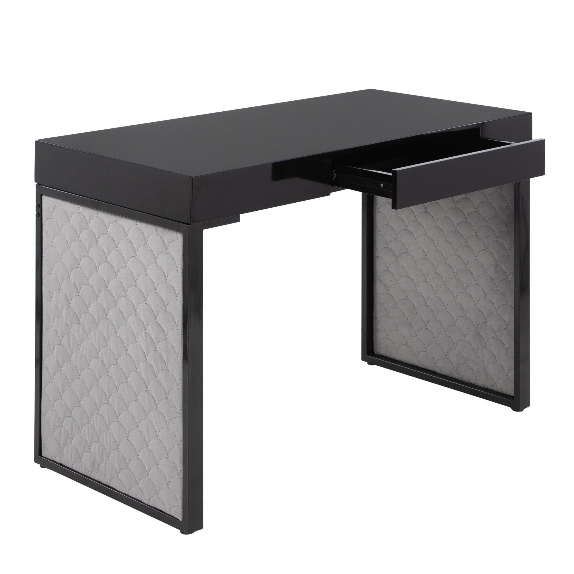 Drift Upholstered Desk - Black Steel, Black MDF, Silver Velvet