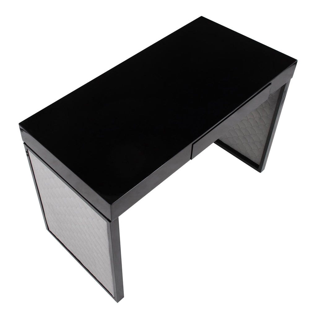 Drift Upholstered Desk - Black Steel, Black MDF, Silver Velvet