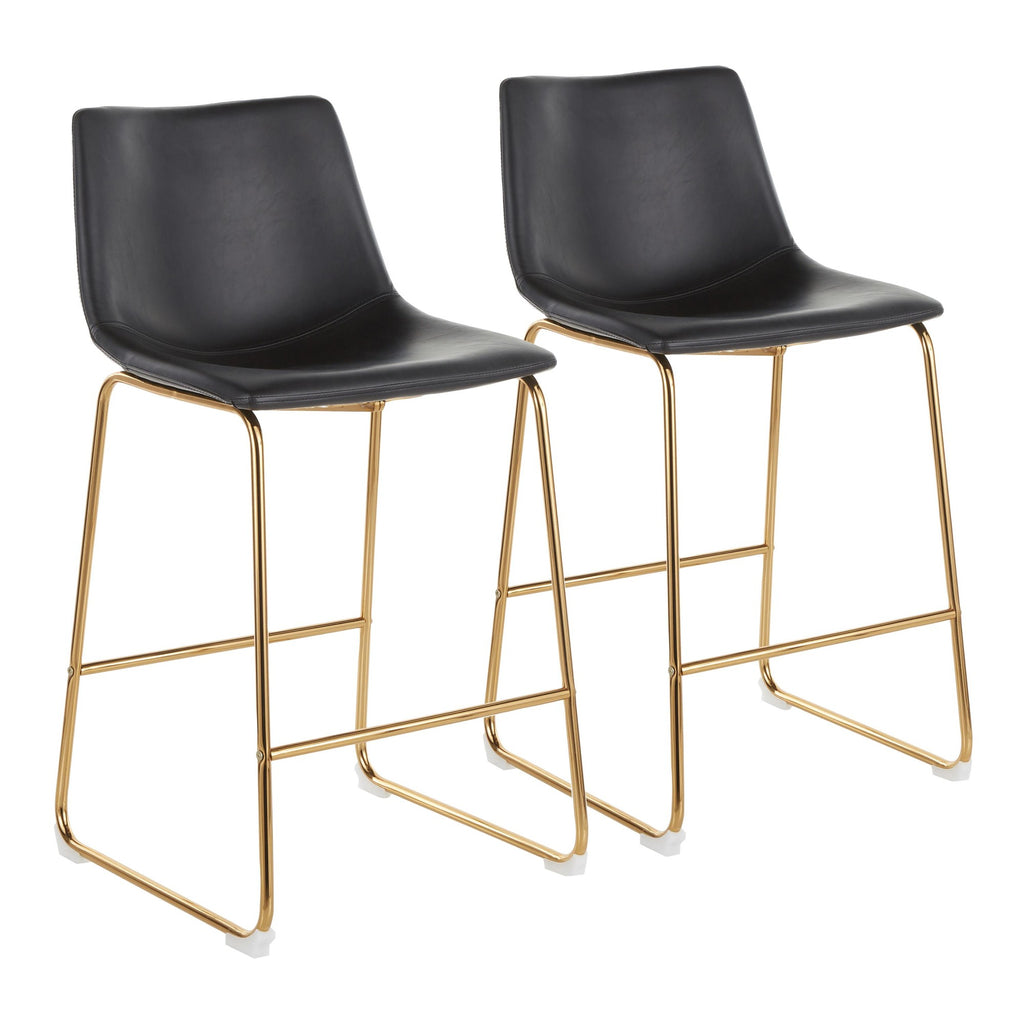 Duke 26" Fixed-Height Counter Stool - Set of 2 - Gold Metal, Black PU