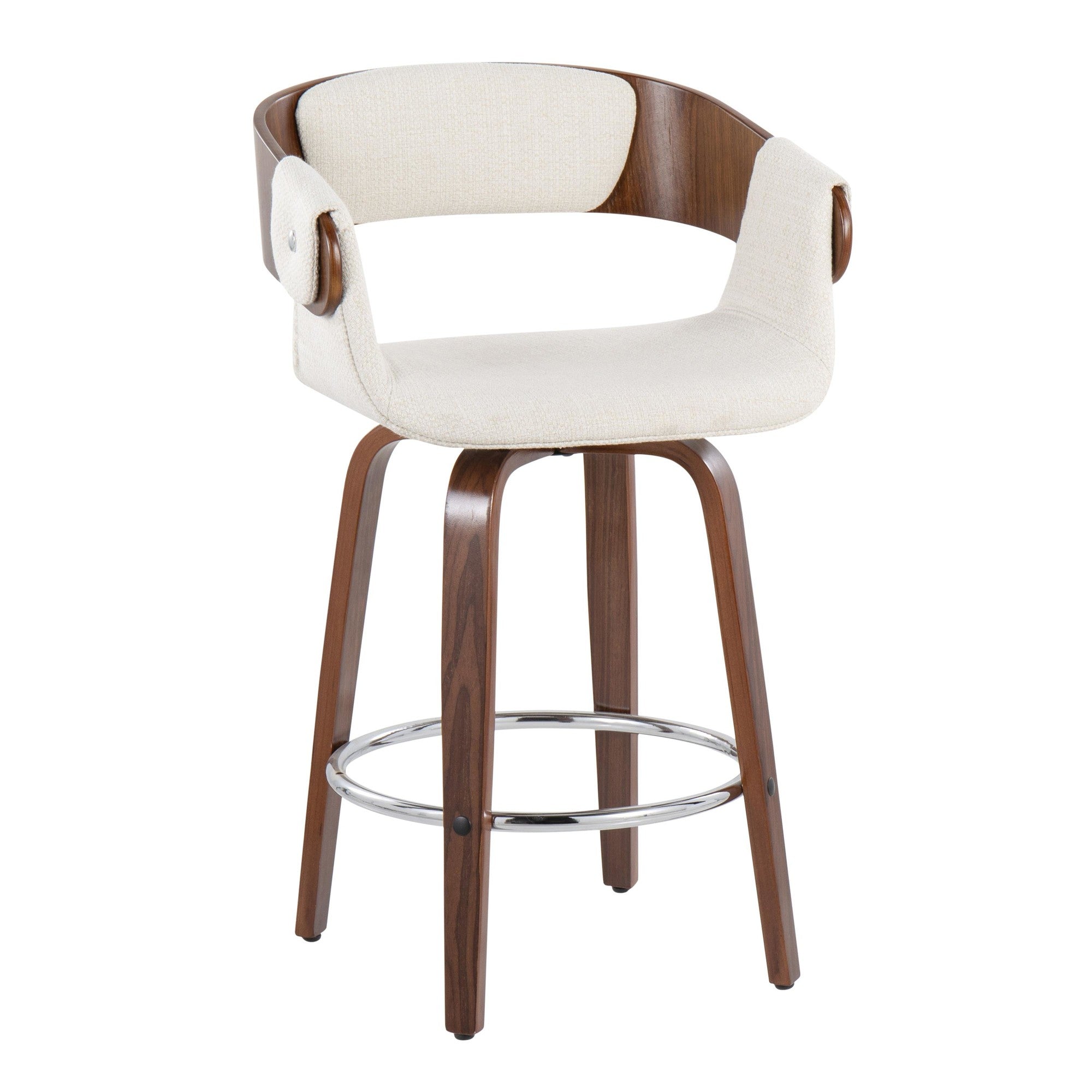 Elisa 24" Fixed-Height Counter Stool - Set of 2 - Walnut Wood, Cream Fabric, Chrome