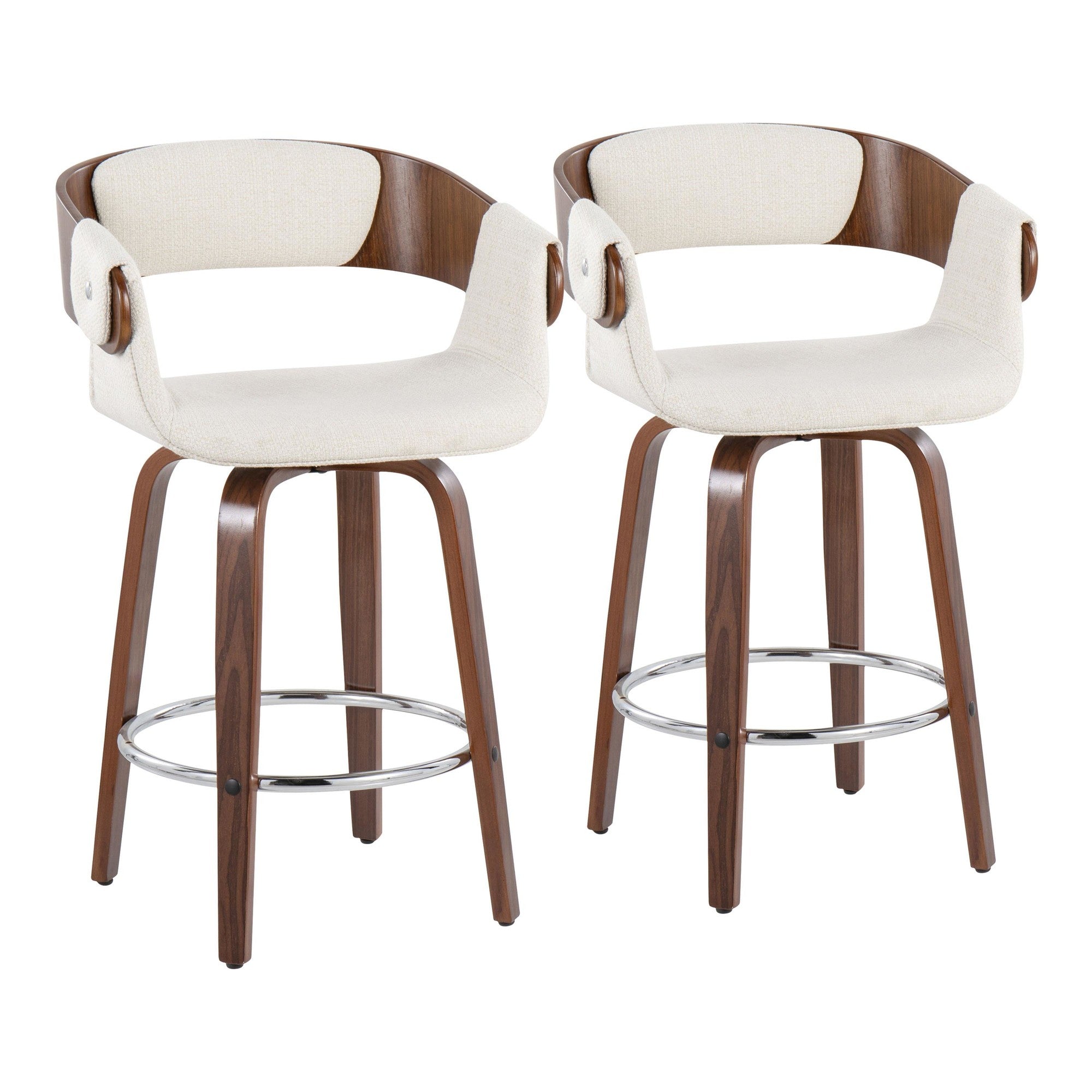 Elisa 24" Fixed-Height Counter Stool - Set of 2 - Walnut Wood, Cream Fabric, Chrome