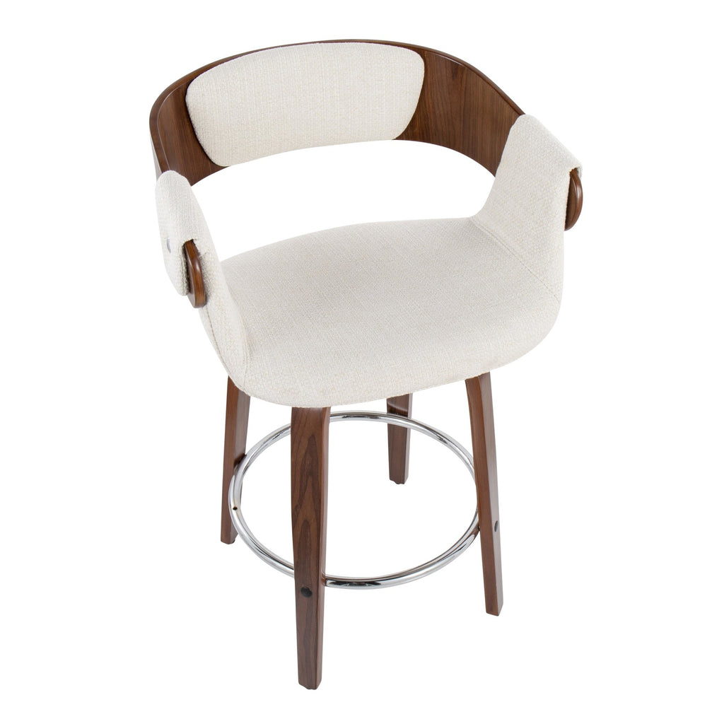 Elisa 24" Fixed-Height Counter Stool - Set of 2 - Walnut Wood, Cream Fabric, Chrome