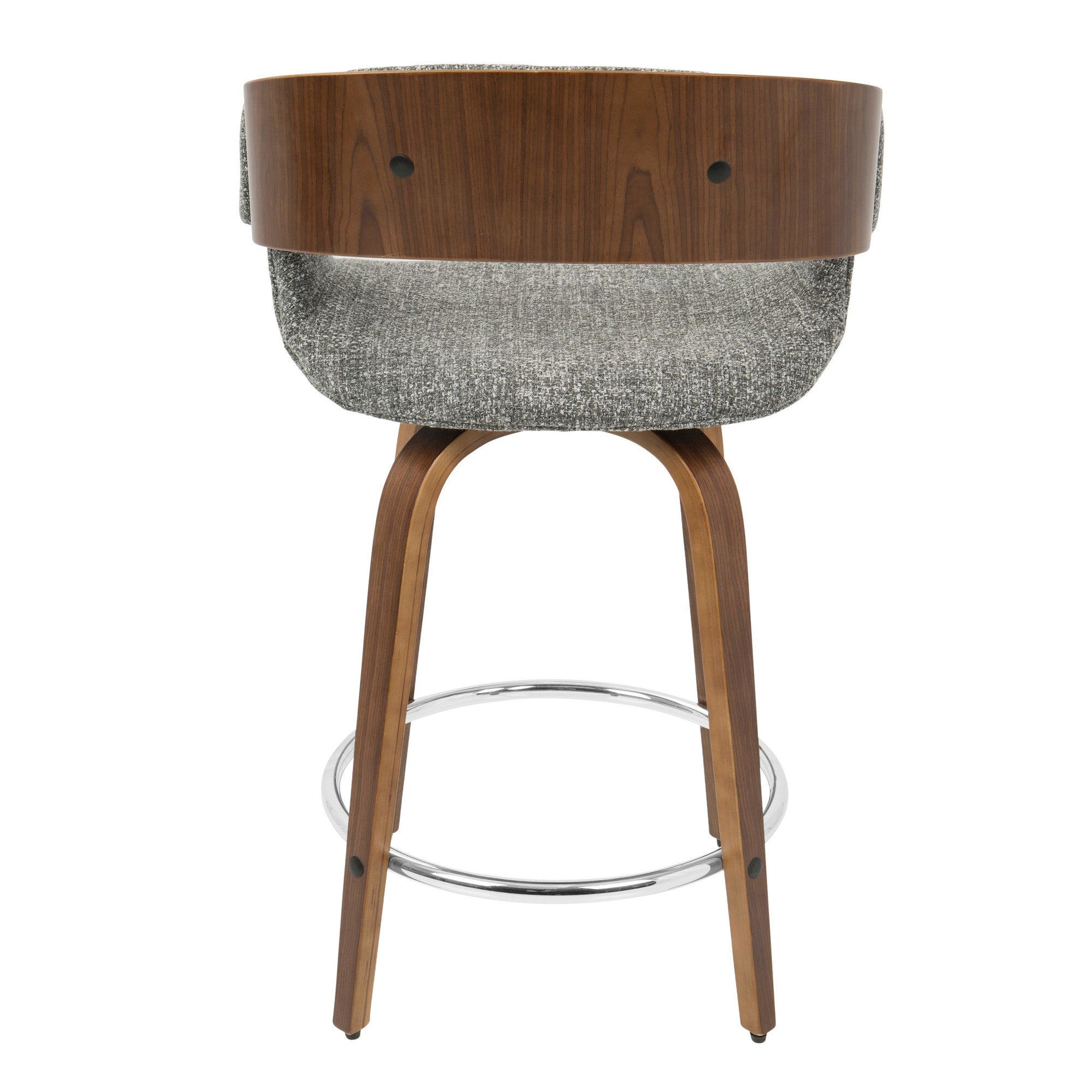 Elisa 24" Fixed-Height Counter Stool - Set of 2 - Walnut Wood, Grey Noise Fabric, Chrome