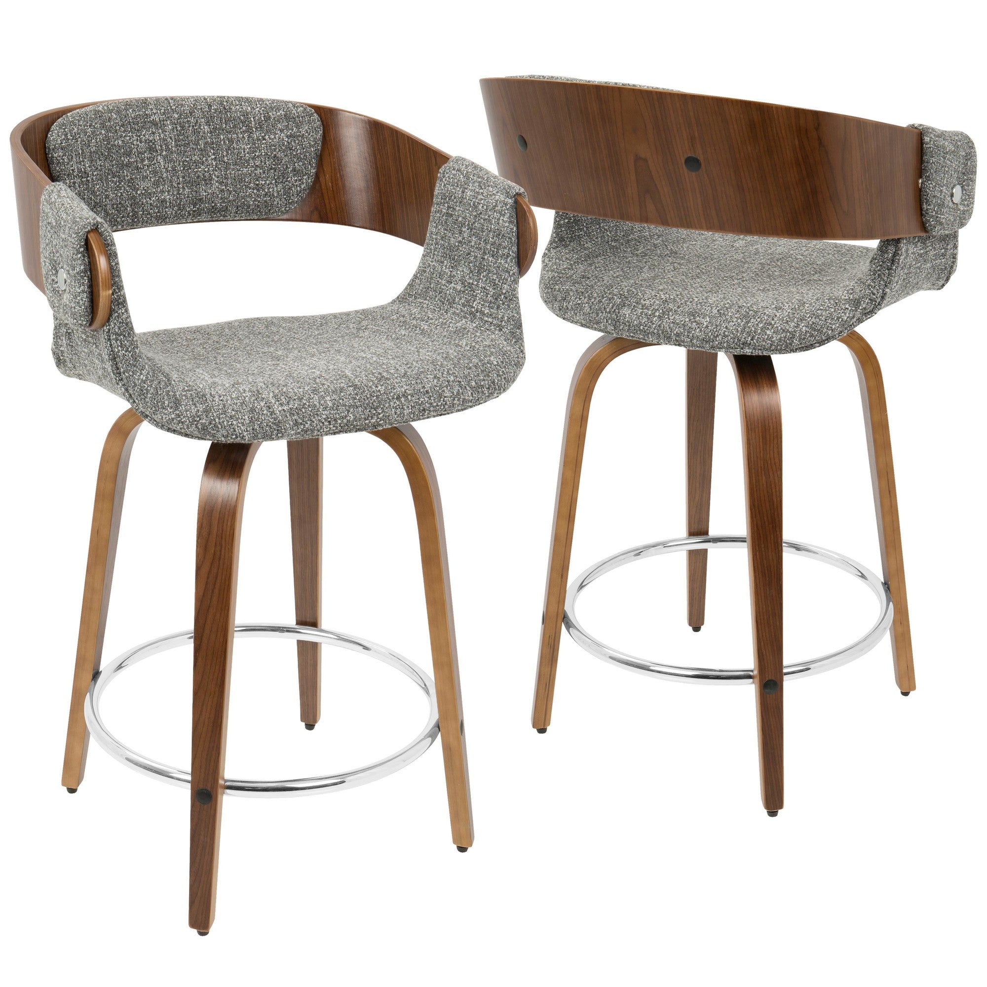 Elisa 24" Fixed-Height Counter Stool - Set of 2 - Walnut Wood, Grey Noise Fabric, Chrome