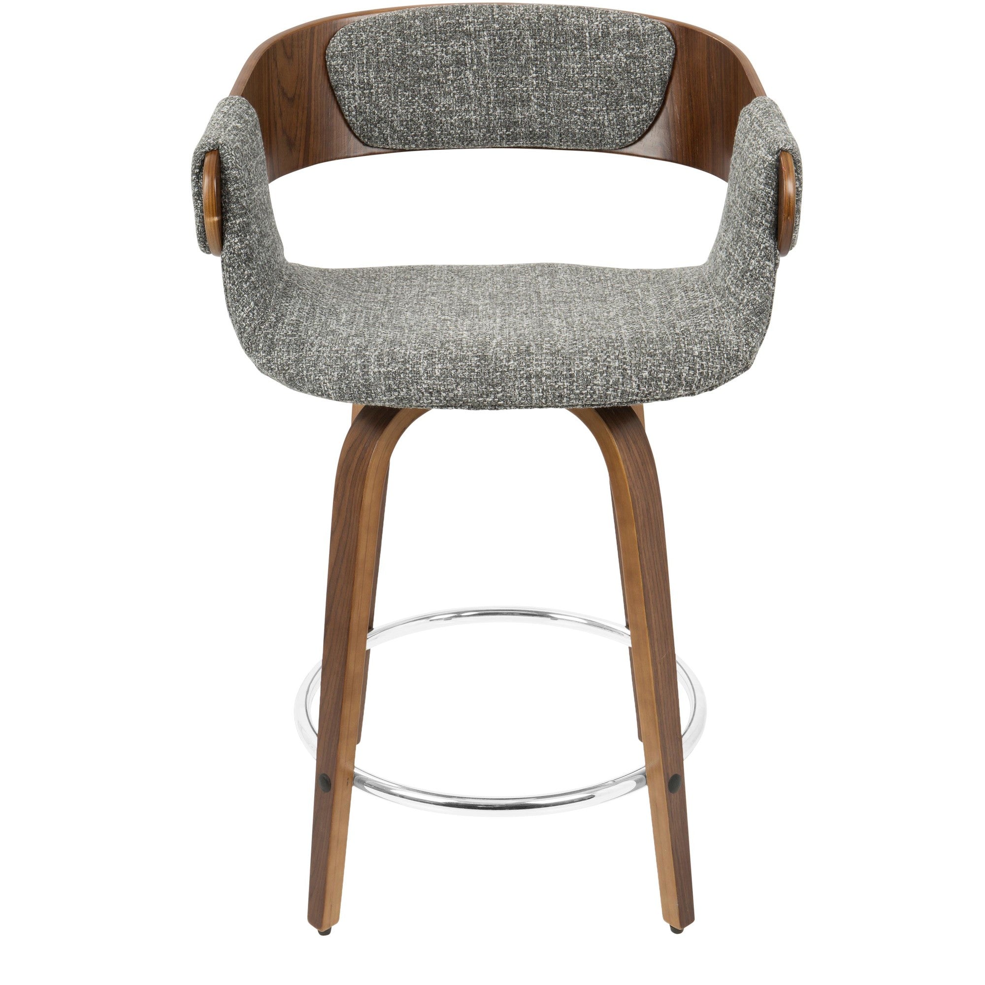 Elisa 24" Fixed-Height Counter Stool - Set of 2 - Walnut Wood, Grey Noise Fabric, Chrome