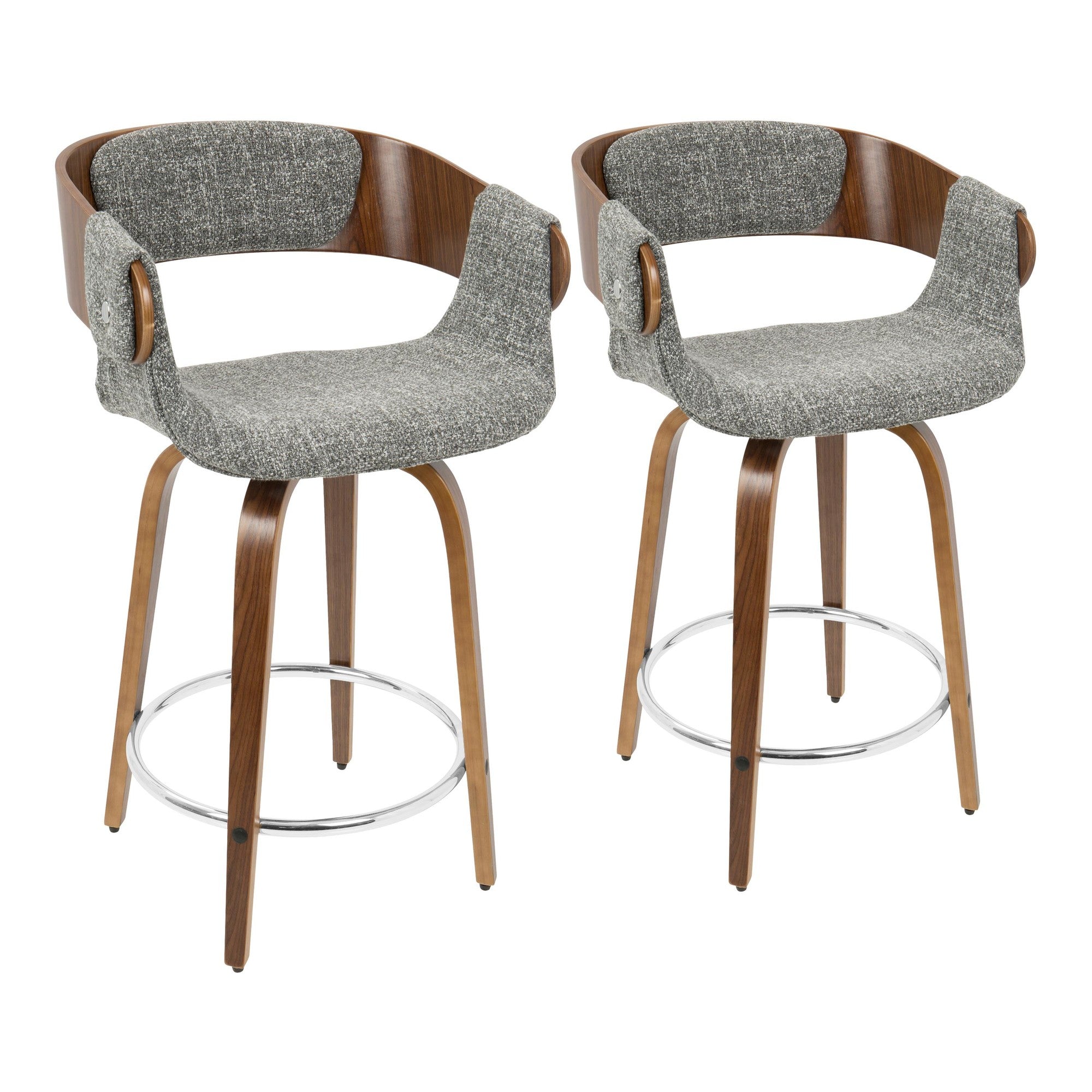 Elisa 24" Fixed-Height Counter Stool - Set of 2 - Walnut Wood, Grey Noise Fabric, Chrome