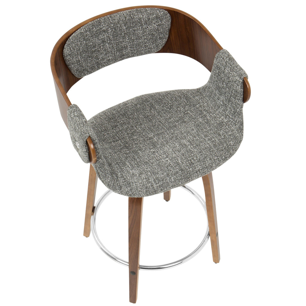 Elisa 24" Fixed-Height Counter Stool - Set of 2 - Walnut Wood, Grey Noise Fabric, Chrome