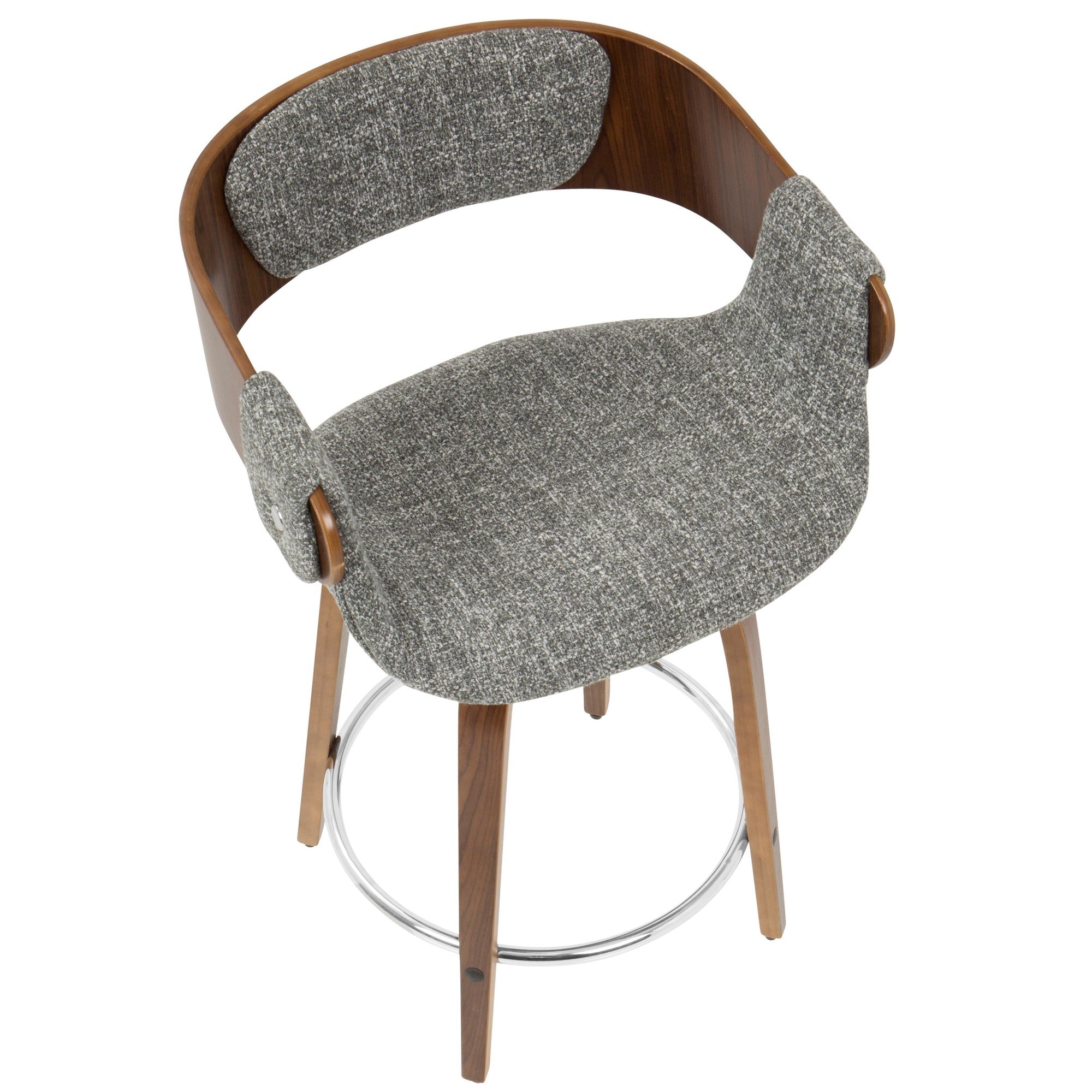 Elisa 24" Fixed-Height Counter Stool - Set of 2 - Walnut Wood, Grey Noise Fabric, Chrome