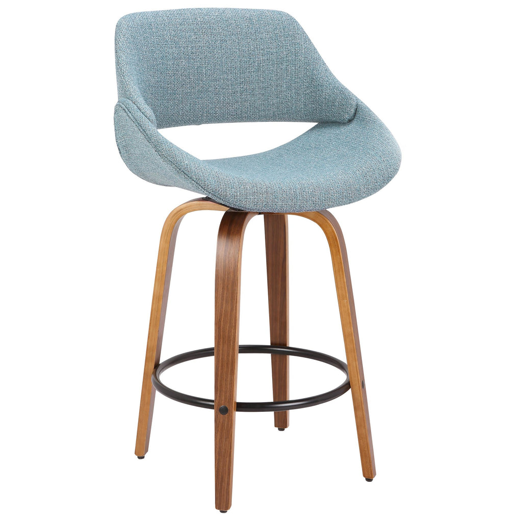 Fabrico 26" Fixed-Height Counter Stool - Walnut Wood, Blue Noise Fabric, Black Metal