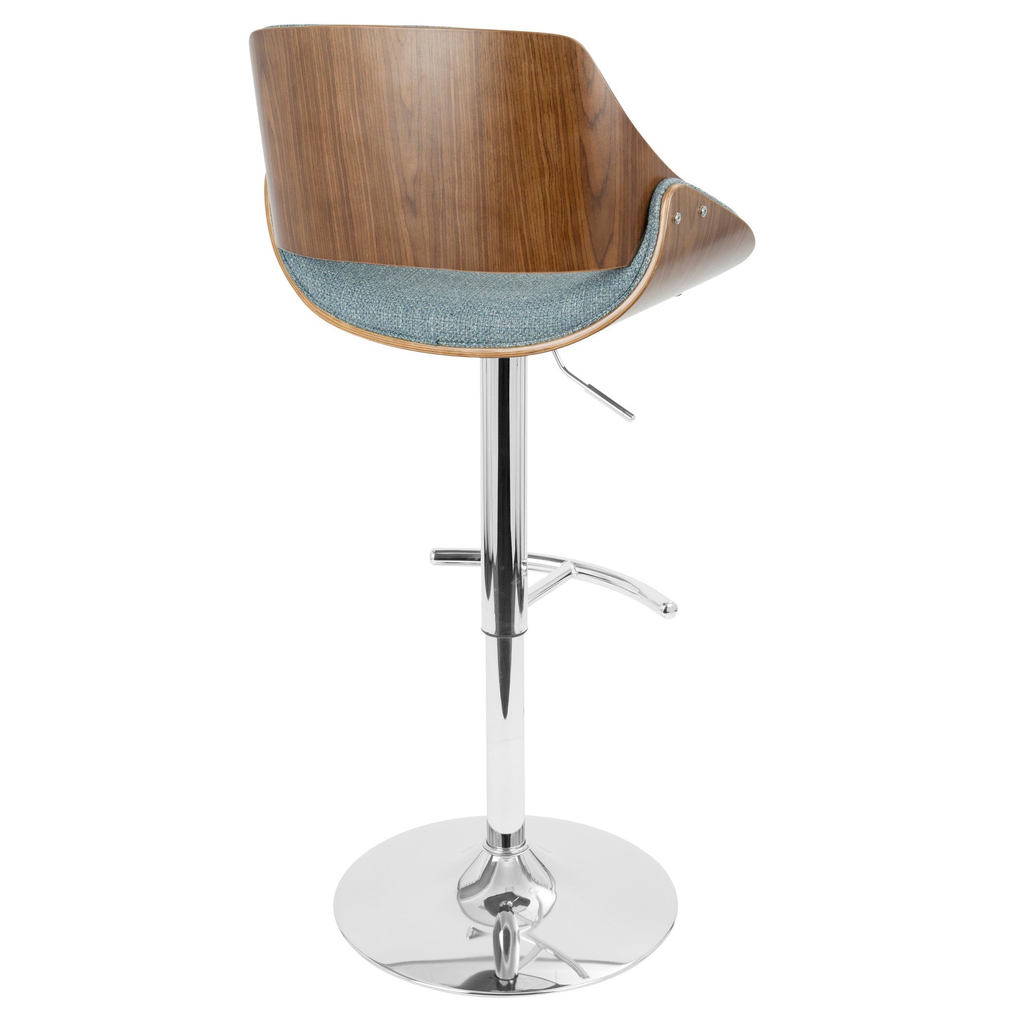 Fabrizzi Adjustable Barstool - Set of 2 - Chrome Metal, Walnut Wood, Blue Fabric