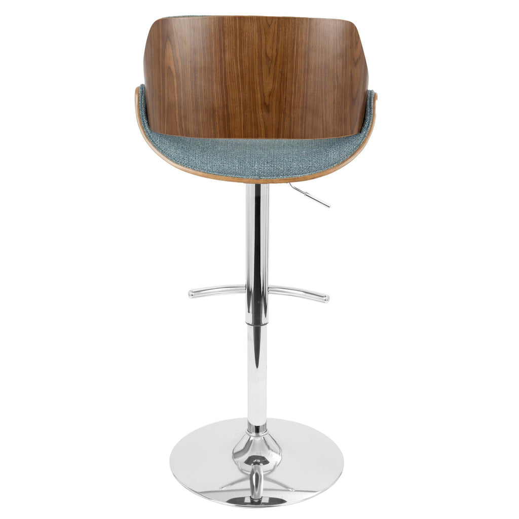 Fabrizzi Adjustable Barstool - Set of 2 - Chrome Metal, Walnut Wood, Blue Fabric