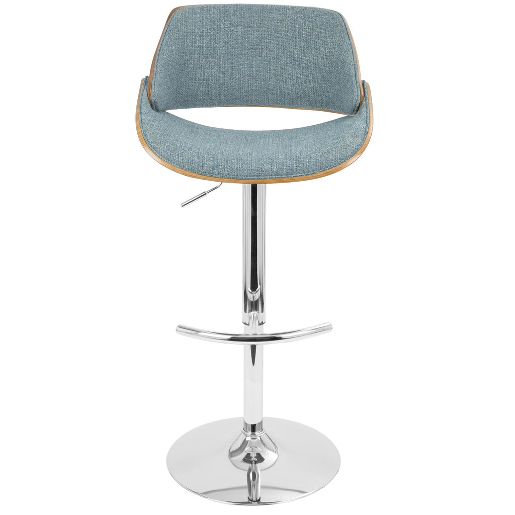 Fabrizzi Adjustable Barstool - Set of 2 - Chrome Metal, Walnut Wood, Blue Fabric