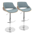 Fabrizzi Adjustable Barstool - Set of 2 - Chrome Metal, Walnut Wood, Blue Fabric