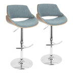 Fabrizzi Adjustable Barstool - Set of 2 - Chrome Metal, Walnut Wood, Blue Fabric