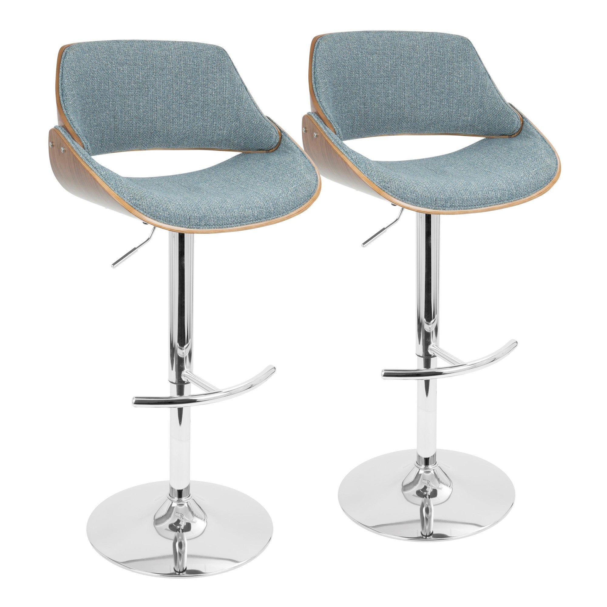 Fabrizzi Adjustable Barstool - Set of 2 - Chrome Metal, Walnut Wood, Blue Fabric