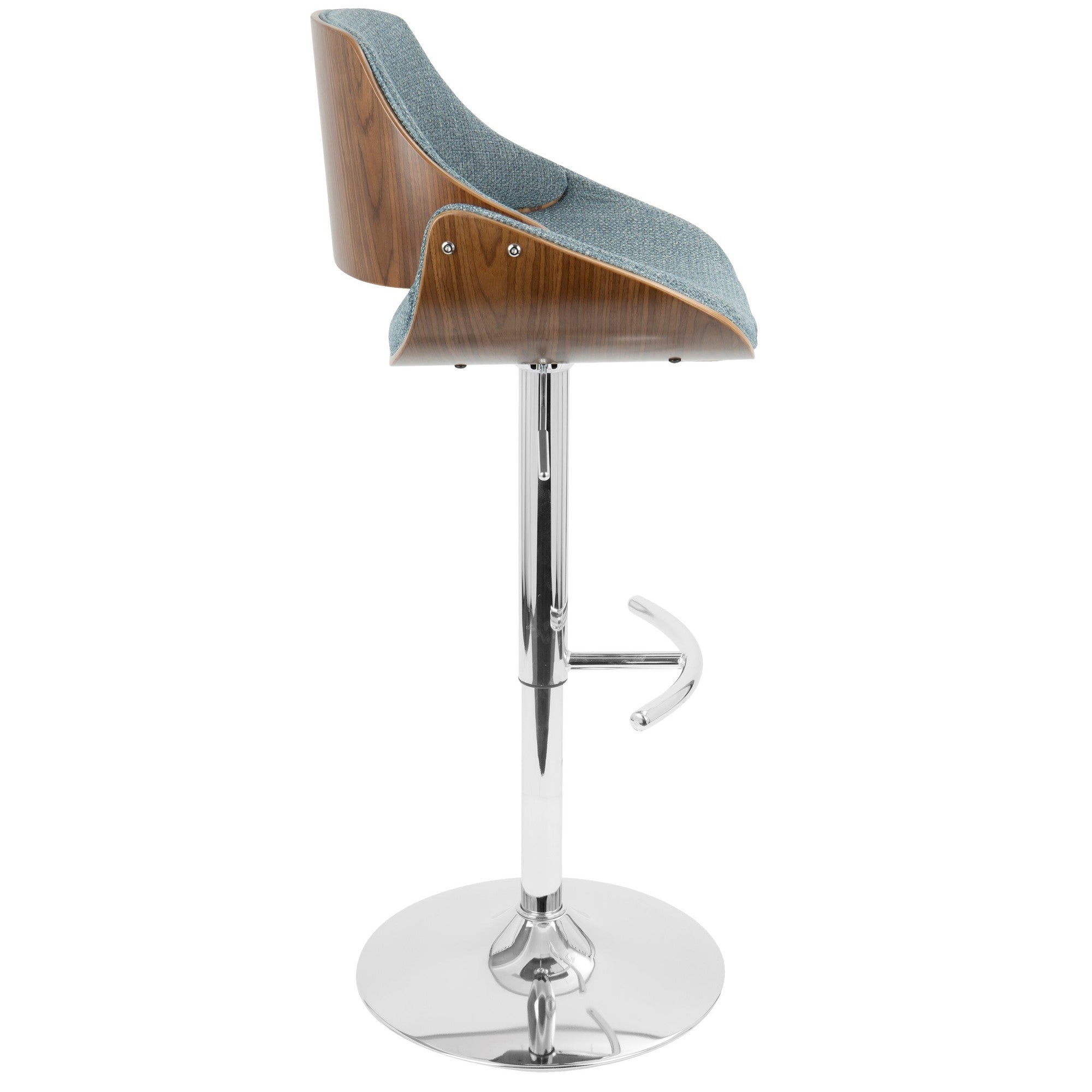 Fabrizzi Adjustable Barstool - Set of 2 - Chrome Metal, Walnut Wood, Blue Fabric