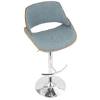 Fabrizzi Adjustable Barstool - Set of 2 - Chrome Metal, Walnut Wood, Blue Fabric