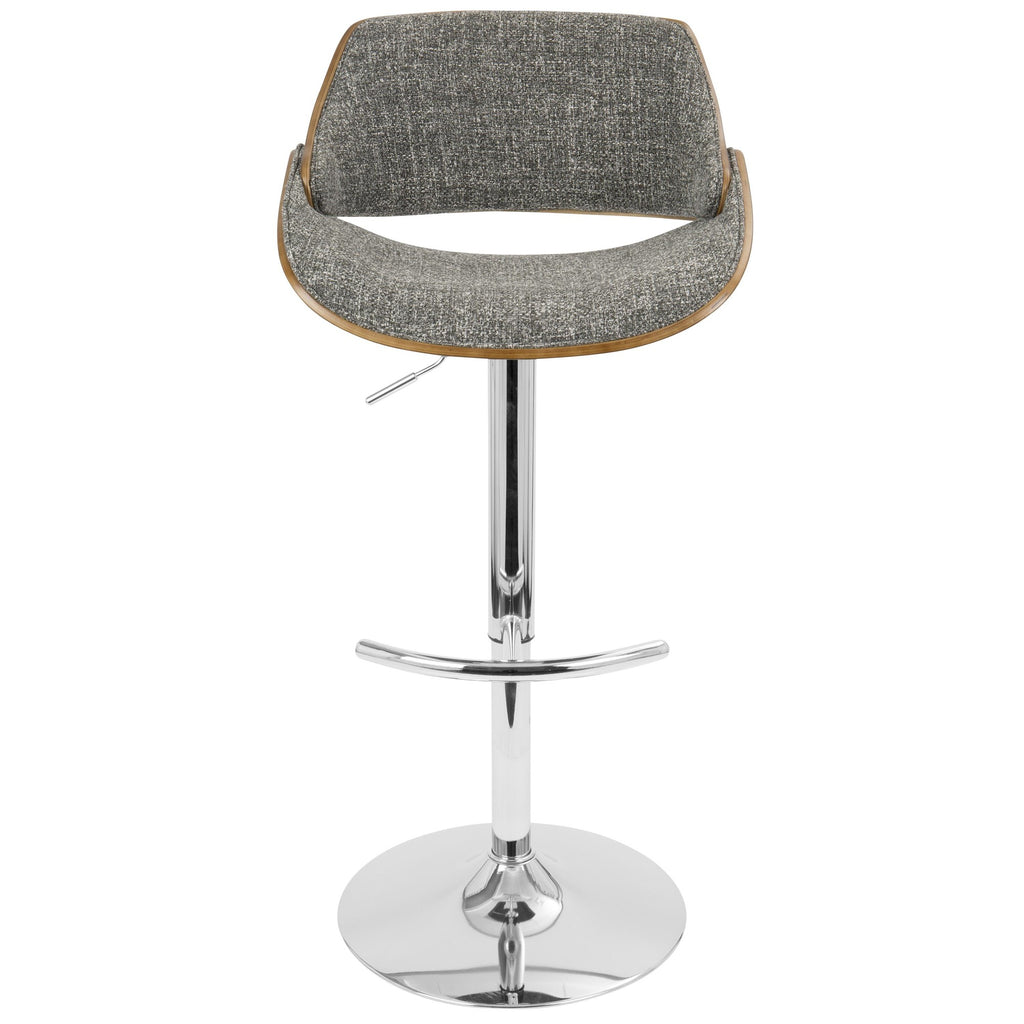 Fabrizzi Adjustable Barstool - Set of 2 - Chrome Metal, Walnut Wood, Grey Noise Fabric