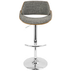 Fabrizzi Adjustable Barstool - Set of 2 - Chrome Metal, Walnut Wood, Grey Noise Fabric