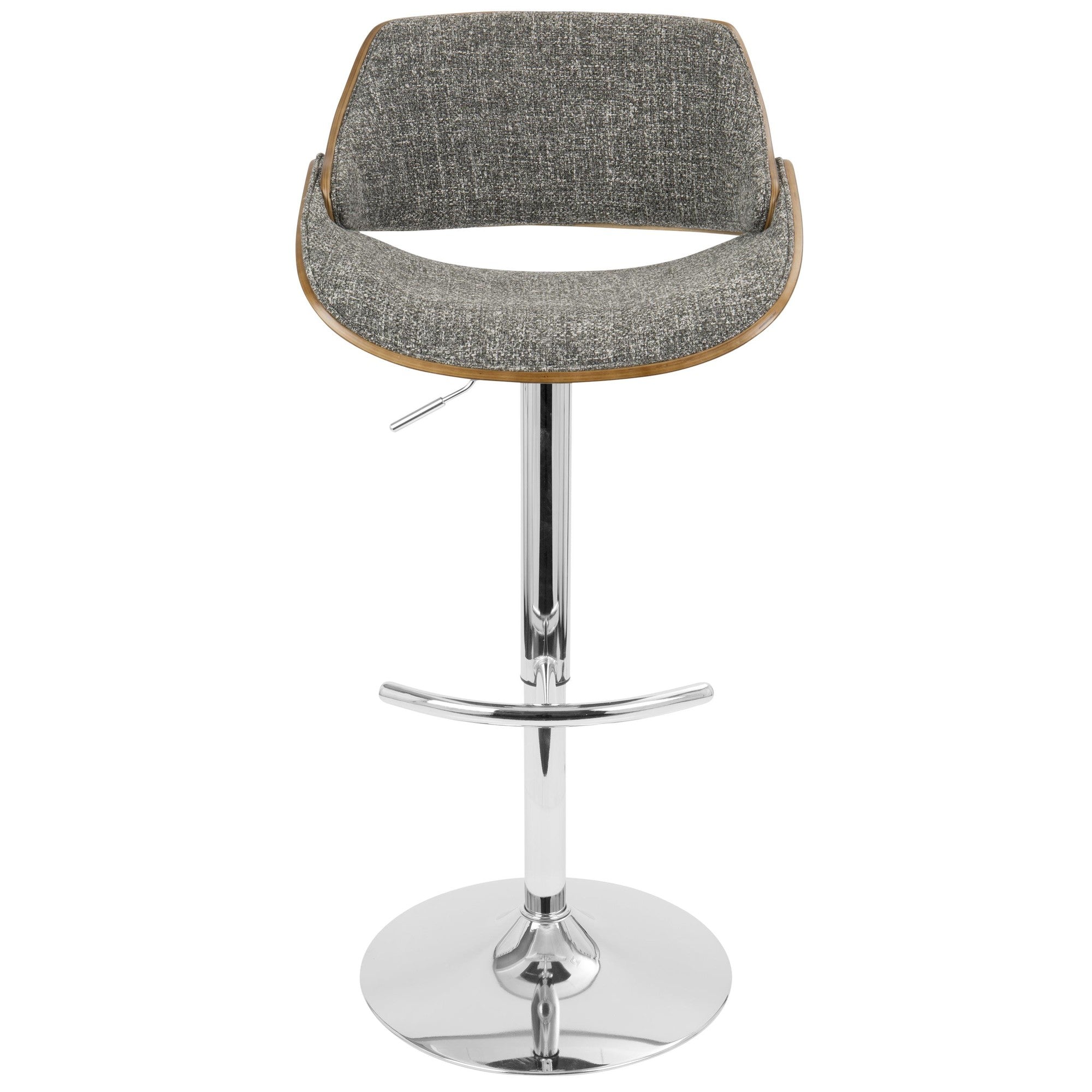 Fabrizzi Adjustable Barstool - Set of 2 - Chrome Metal, Walnut Wood, Grey Noise Fabric