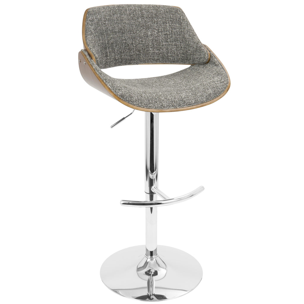 Fabrizzi Adjustable Barstool - Set of 2 - Chrome Metal, Walnut Wood, Grey Noise Fabric