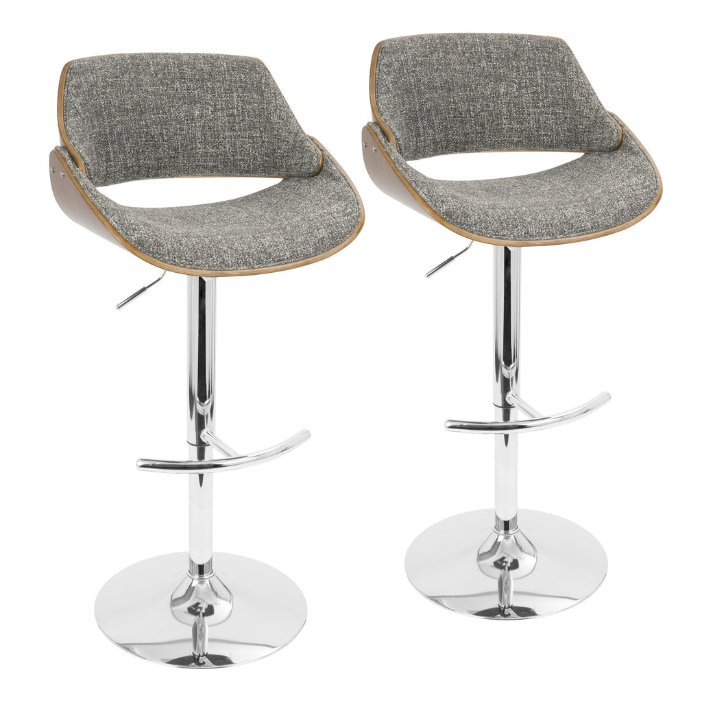 Fabrizzi Adjustable Barstool - Set of 2 - Chrome Metal, Walnut Wood, Grey Noise Fabric