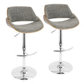 Fabrizzi Adjustable Barstool - Set of 2 - Chrome Metal, Walnut Wood, Grey Noise Fabric