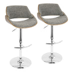 Fabrizzi Adjustable Barstool - Set of 2 - Chrome Metal, Walnut Wood, Grey Noise Fabric