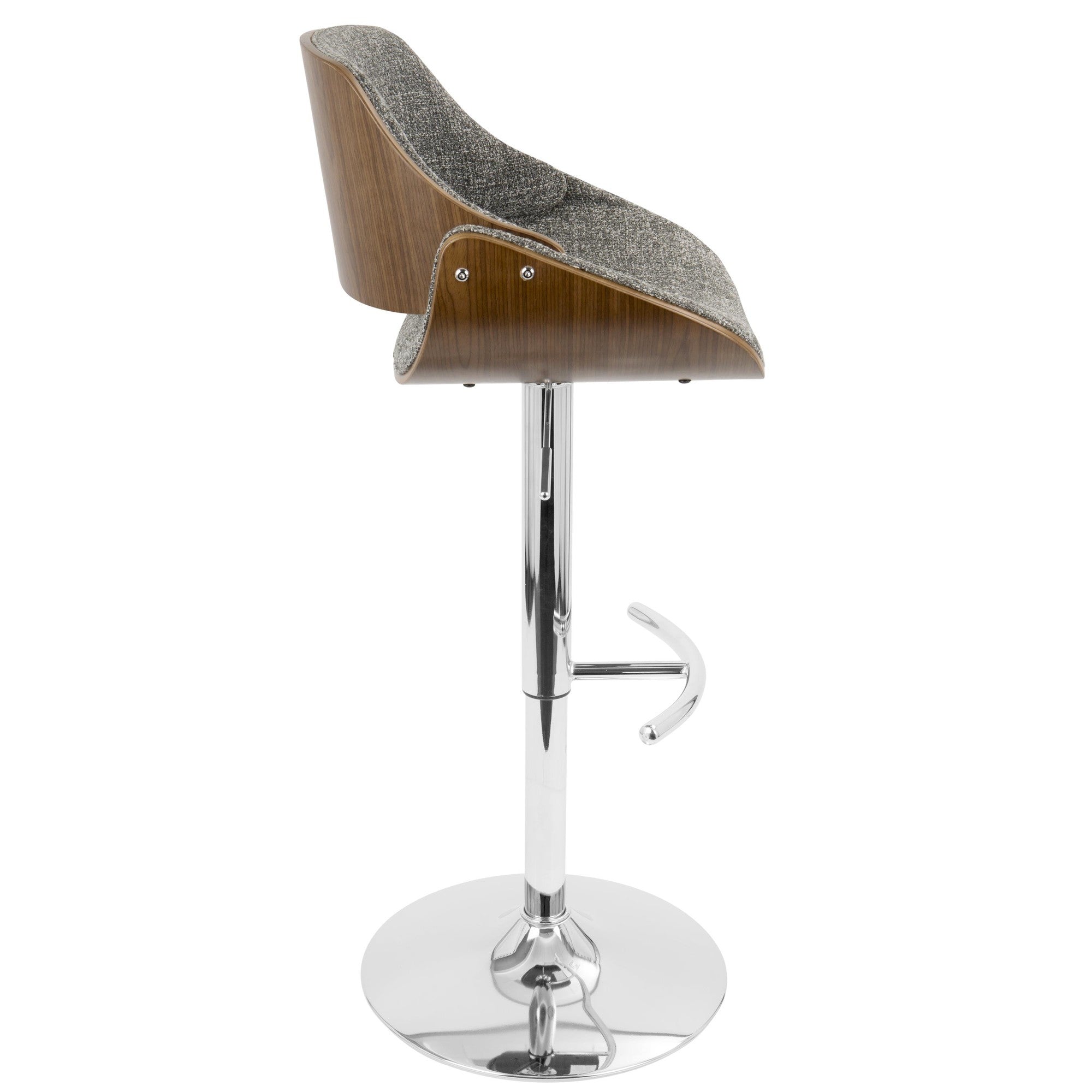 Fabrizzi Adjustable Barstool - Set of 2 - Chrome Metal, Walnut Wood, Grey Noise Fabric