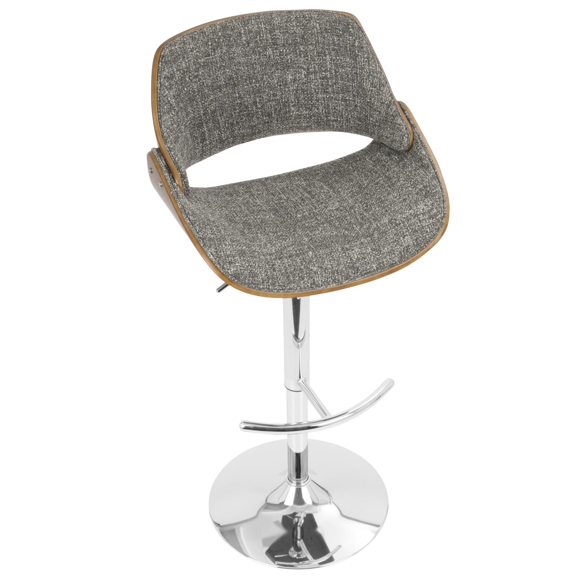 Fabrizzi Adjustable Barstool - Set of 2 - Chrome Metal, Walnut Wood, Grey Noise Fabric