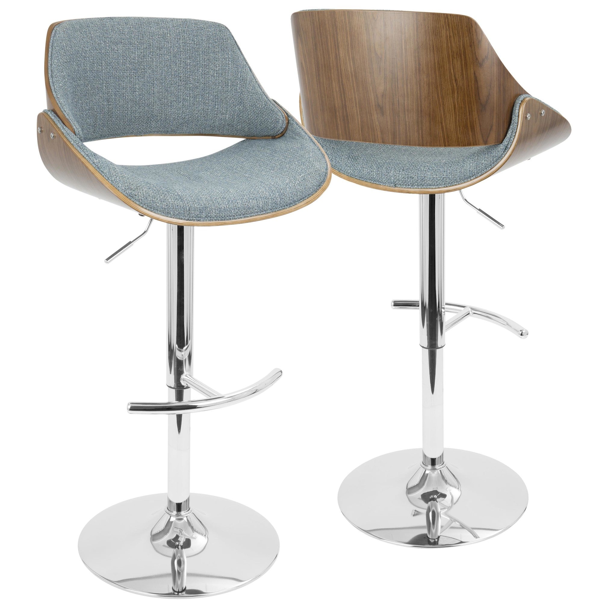 Fabrizzi Adjustable Barstool - Chrome Metal, Walnut Wood, Blue Fabric