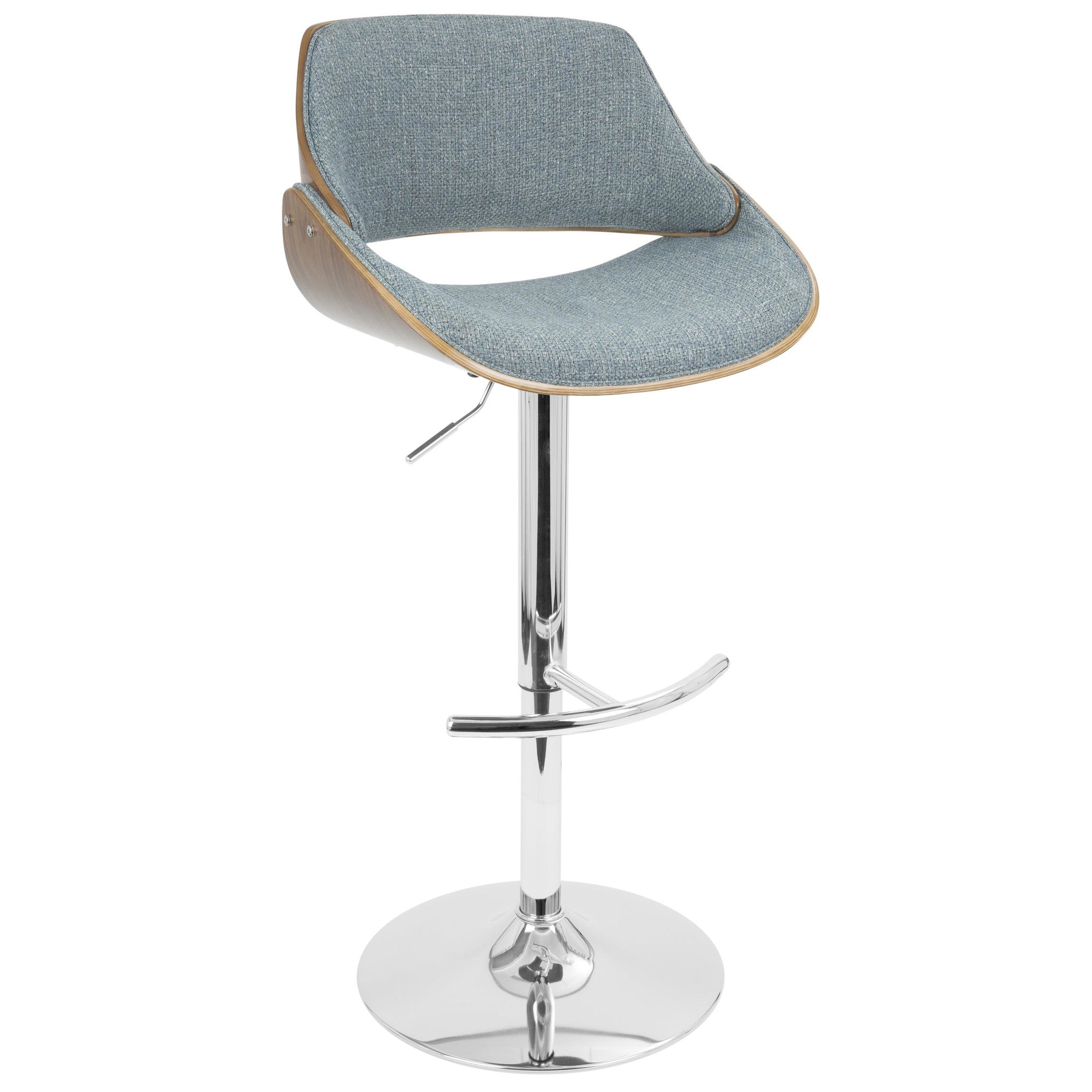 Fabrizzi Adjustable Barstool - Chrome Metal, Walnut Wood, Blue Fabric