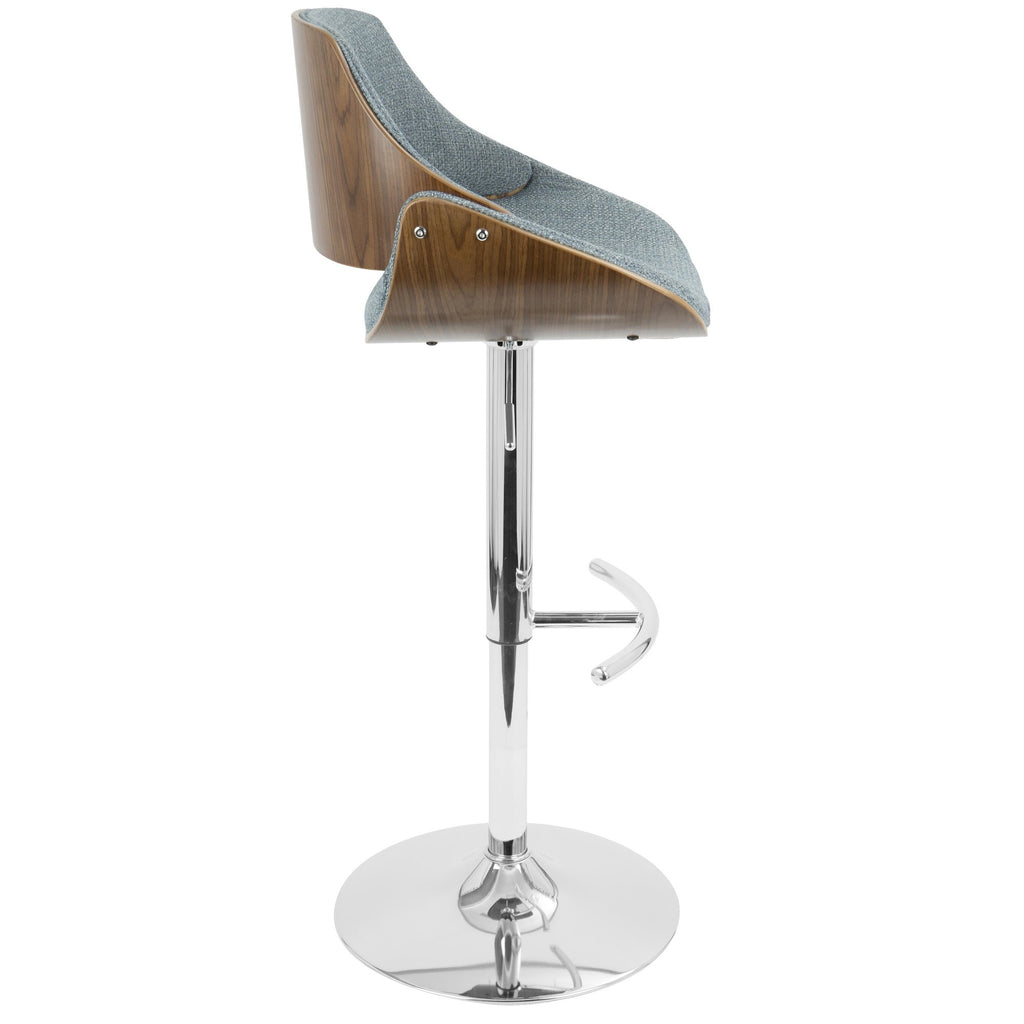 Fabrizzi Adjustable Barstool - Chrome Metal, Walnut Wood, Blue Fabric