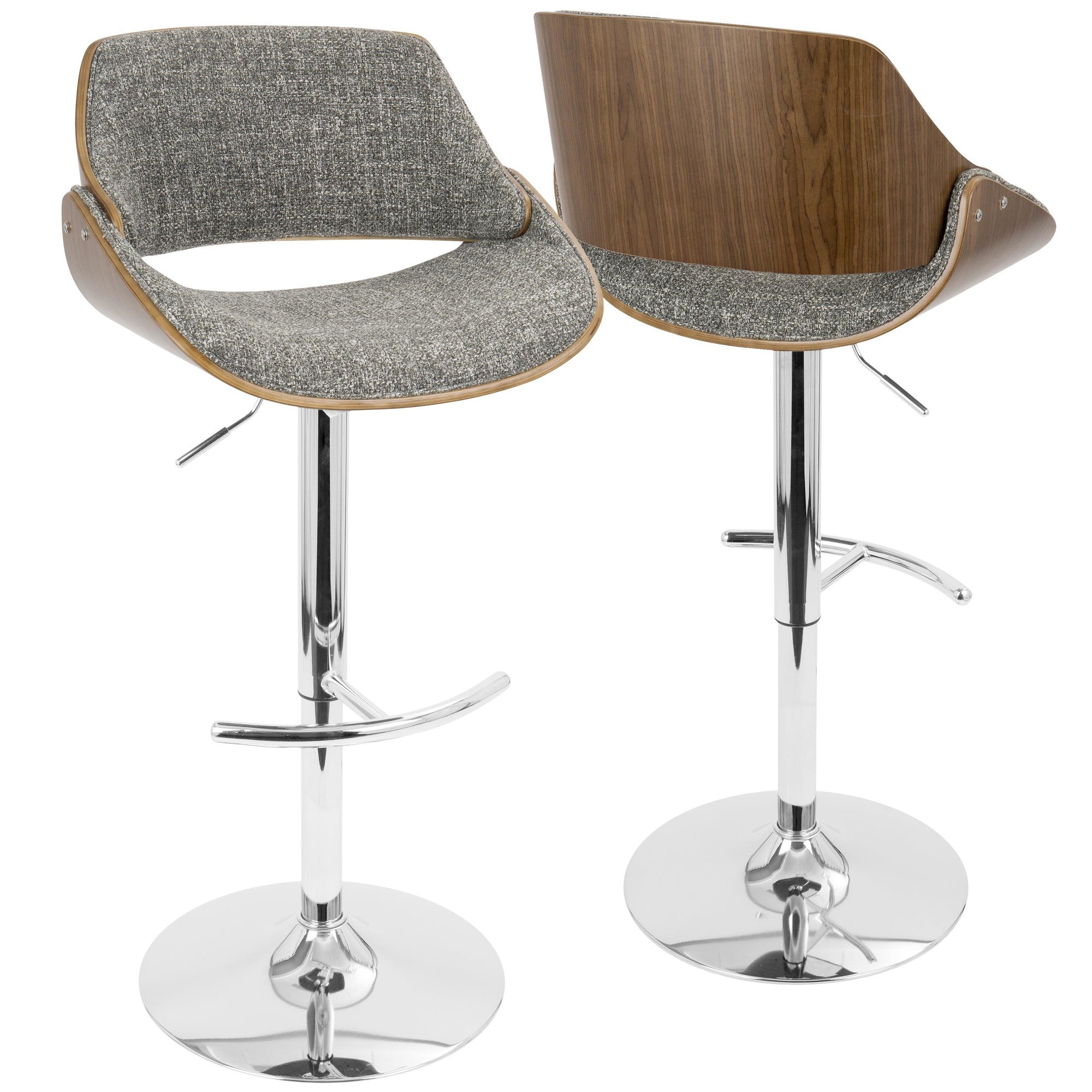 Fabrizzi Adjustable Barstool - Chrome Metal, Walnut Wood, Grey Noise Fabric